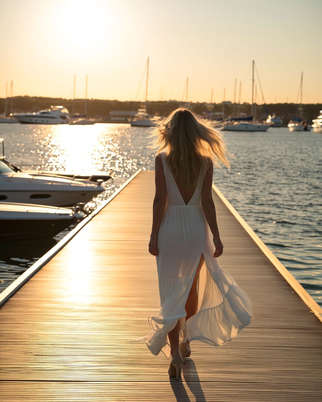 Woman walking along a marina dock at sunset, symbolising emotional momentum, self-trust, and moving forward after healing.