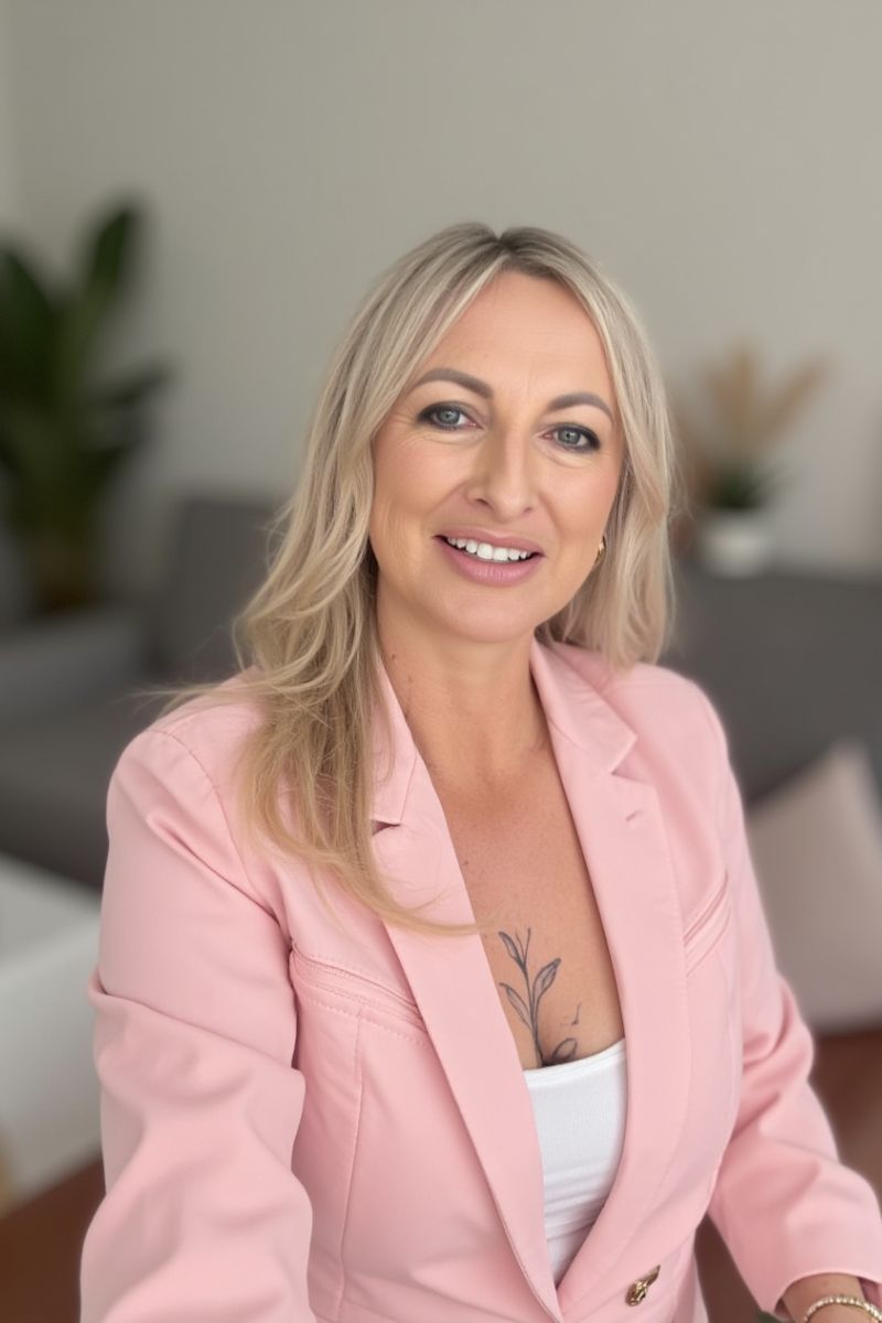 Alidia in a soft pink blazer smiling warmly — a breakup recovery coach offering heart-led guidance to thrive after love.