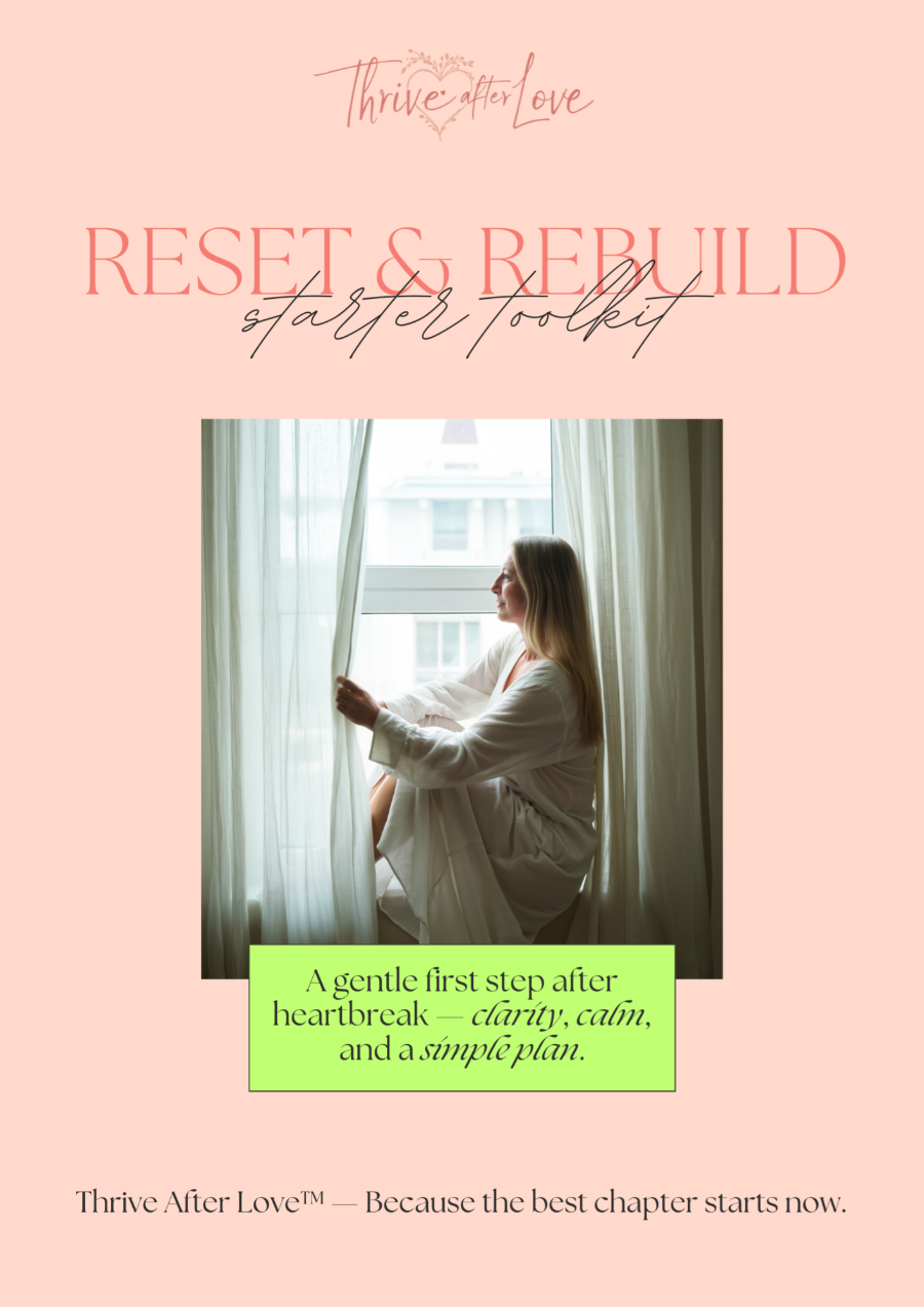 Woman sitting in soft morning light by the window, symbolizing a fresh start and emotional healing after heartbreak — featured on the Thrive After Love™ “Reset & Rebuild Starter Toolkit” cover.